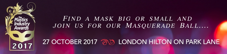 Purple and gold plastic industry awards banner displaying event date, time and location. London Hilton on Park Lane, 27th October 2017.