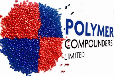 Capacité - Red and blue circle made of round pellets, Plus blue and black text present 'polymer compounders limited'